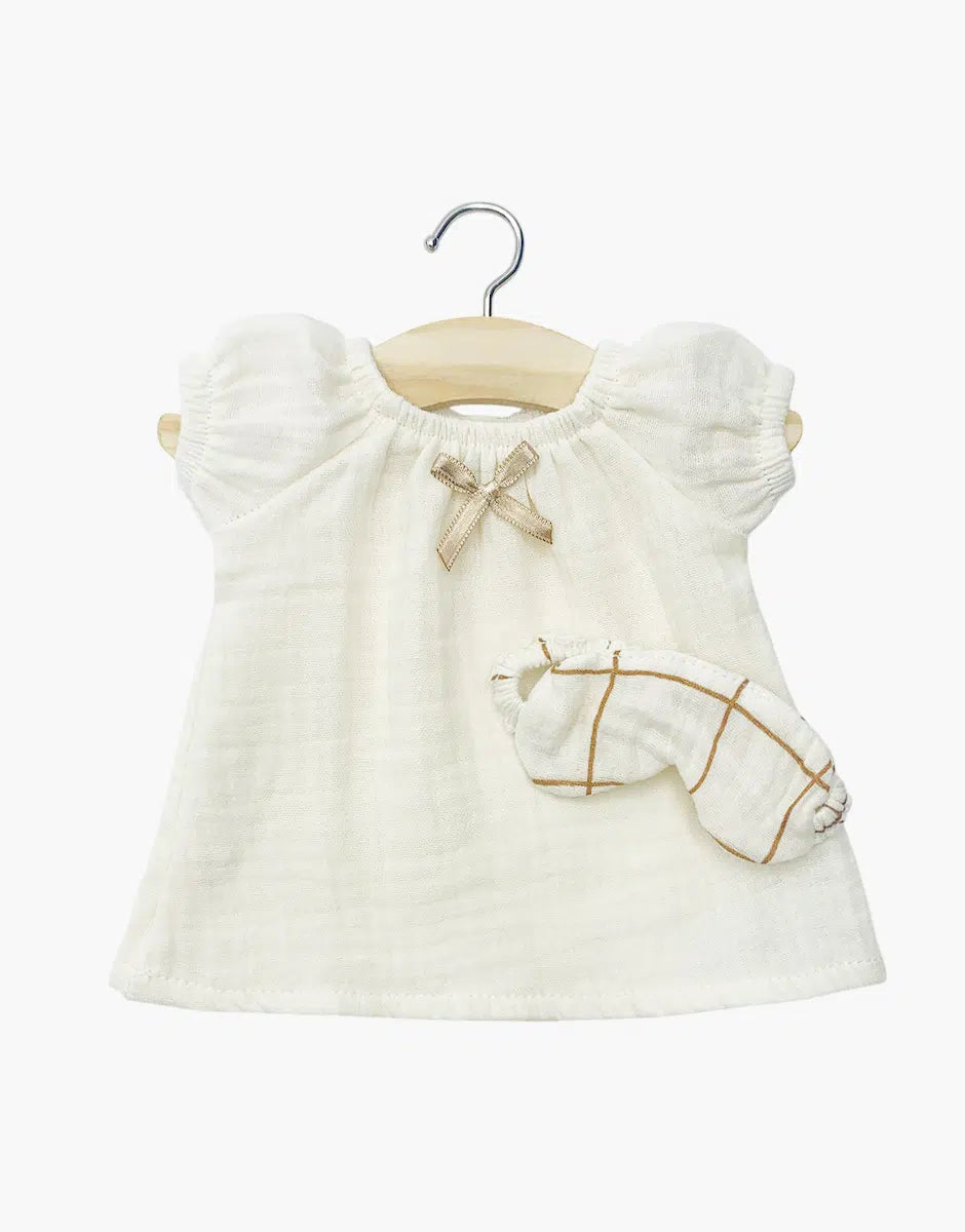 Sabrina doll nightdress in ecru cotton gauze and its Aldo checked Dodo mask